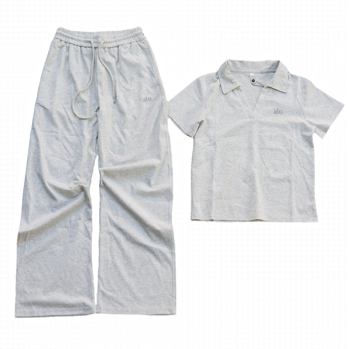 Alo Yoga Wide-Leg Sweatpant & V-Neck Polo Crop Top Set (Heather Grey)