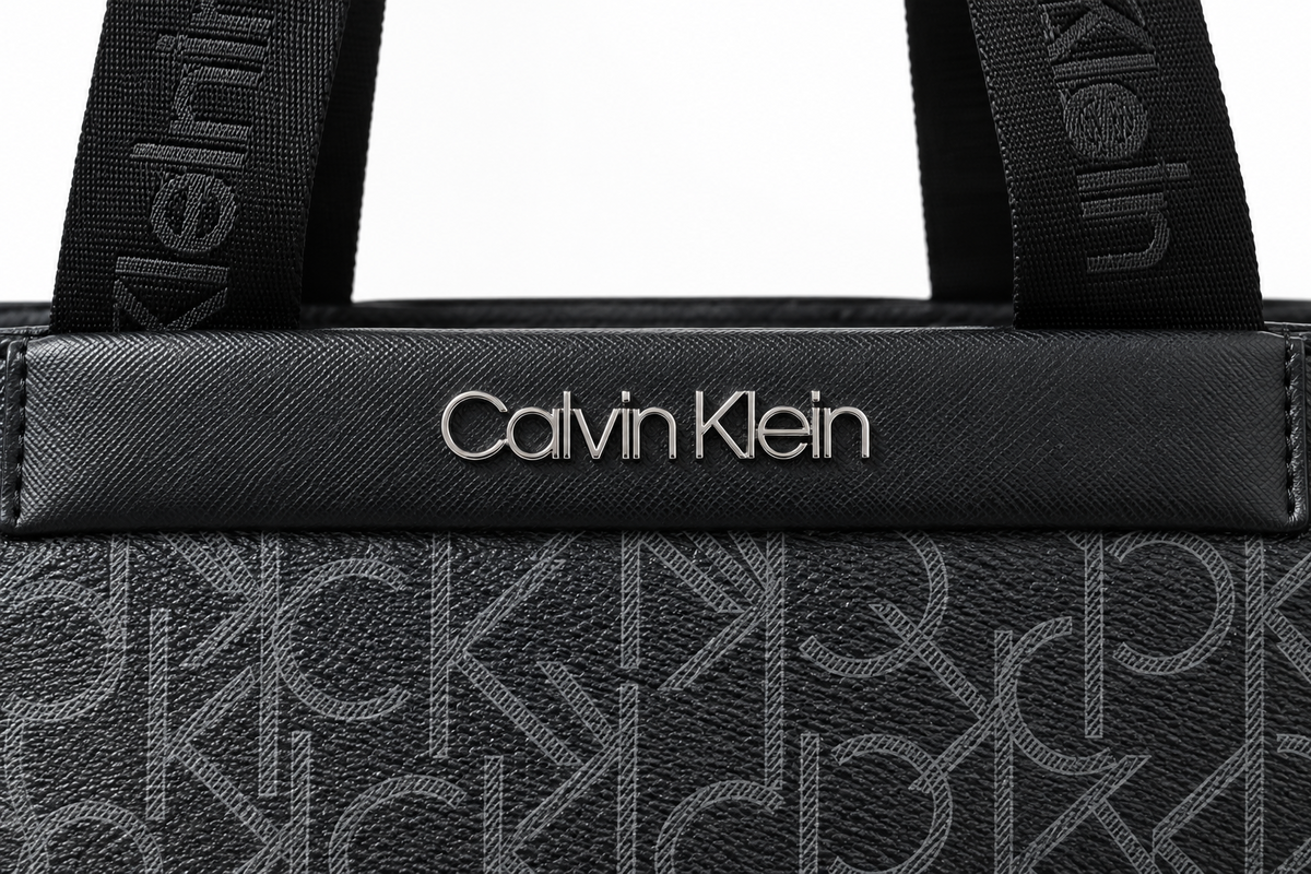 Calvin Klein black monogram tote bag logo detail