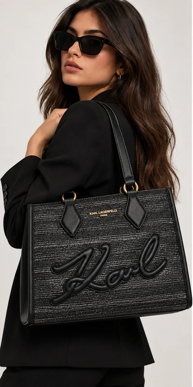 Karl Lagerfeld Paris black tote bag worn by model